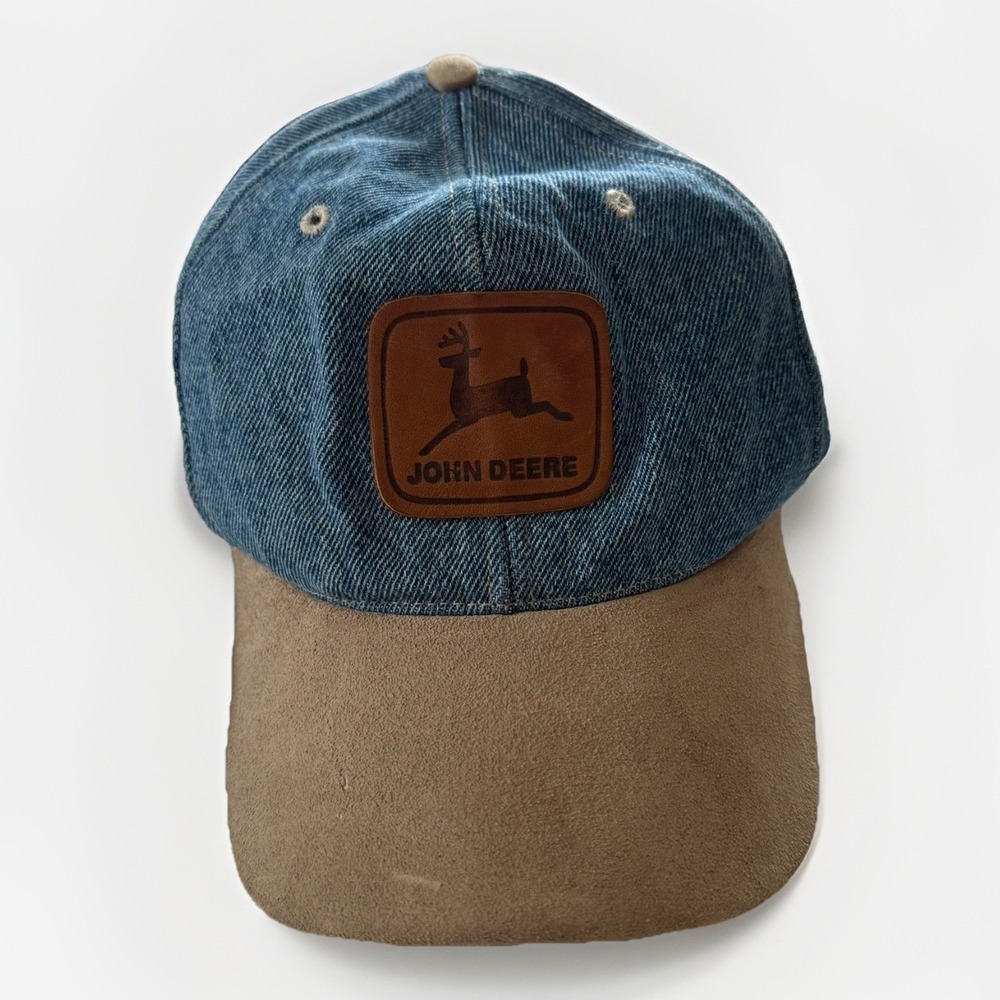John Deere‎ Denim Blue Trucker Hat-Snapback-Leather Patch-Suede Brim-Vintage